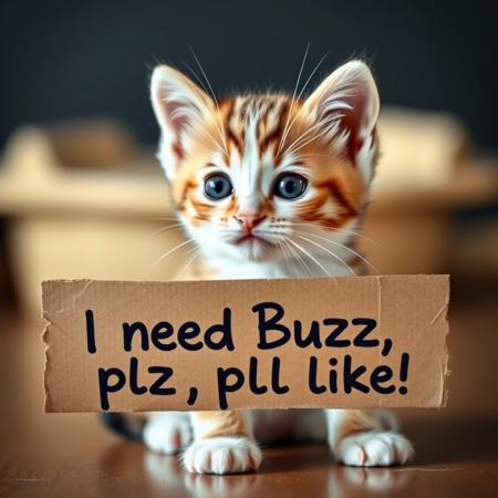 Cute baby kitten with a cardboard banner that reads: "I need Buzz, plz like"