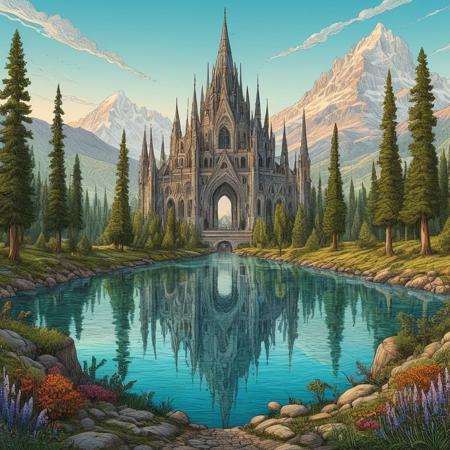 artwork depicting a fantastical landscape with a central, towering structure surrounded by tall, slender trees resembling cypress. The structure is symmetrical, with pointed arches and spires, giving it a cathedral-like appearance. It is situated on a lush, green island at the confluence of two turquoise rivers that flow around it, creating a natural moat. The background features a range of jagged, snow-capped mountains under a clear blue sky with a setting sun casting a warm glow. The scene is serene and otherworldly, with vibrant colours and intricate details, emphasizing the grandeur and tranquillity of the environment. A surreal fantasy panoramic, vibrant coloured ink art, line art.