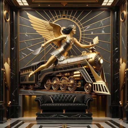 RetroBG. A monumental Art Deco interior lobby wall, depicting a gilded bas-relief of a winged female warrior (Valkyrie) soaring above a sleek 1930s streamlined locomotive. The background is cool-toned gray marble, with radiant sunburst lines behind the figure. Every surface shimmers with polished metal and black stone, exuding futuristic optimism as envisioned in the opulent age of the Roaring 20s. The darkest blacks contrast with the most brilliant gold, surrounded by geometric architecture, mechanical motifs, and heroic grandeur. Elegant lighting enhances the drama. Inspired by heroic propaganda murals and luxurious train stations.