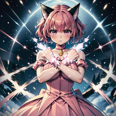 masterpiece,best quality,highly detailed,1girl,solo,serious,concentrating,v-shaped eyebrows,
<lora:momomiya_ichigo_v2:0.75>,blush,bow,cat girl,cat tail,choker,cleavage,detached sleeves,dress,gloves,large breasts,magical girl,mi1,pink choker,pink dress,puffy detached sleeves,puffy sleeves,red gloves,ribbon,tail,tail bell,tail bow,tail ornament,short hair,pink hair,
BREAK
<lora:xArms:0.4>,(((crossing arms in an X shape,crossed arms,clenched hands))),cross,hands on own chest,henshin,alternate costume,aura,light particles,magic,magic circle,glowing arms,pyrokinesis,(((heavy snowfall, hair and clothes covered with snow))),