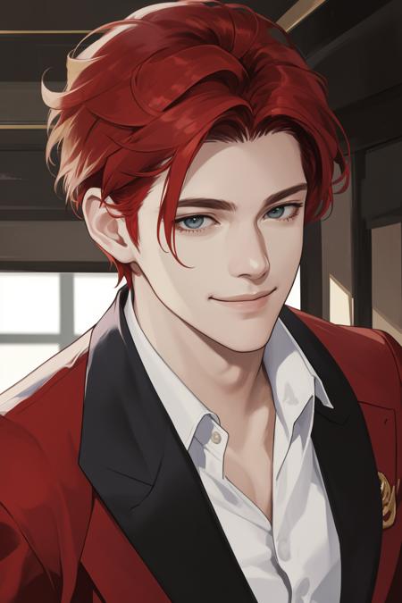 masterpiece, best quality, realistic, 1man, male focus, tall muscular, handsome, [thick eyebrows:0.5], smile, suit, portrait, extremely detailed face, red hair, (short hair)