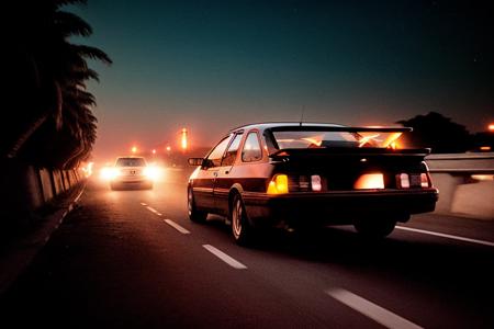 analog gloomy photo of a black Ford Sierra car, <lora:s13rr4:1>, racing down a neon highway at night, outrun, synthwave, retrowave, leaves trace of back red lights, palm trees, High Detail, Sharp focus, ((photorealism)), realistic, best quality, 8k, award winning, dramatic lighting, epic, cinematic, masterpiece