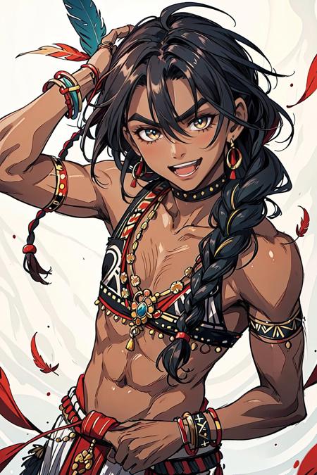 portrait, solo, upper body, looking at viewer, detailed background, detailed face, 1boy, tribal dancer, square face, captivating eyes, braided ebony hair, arched eyebrows, graceful body, colorful tribal attire, feather anklets, joyful expression, rhythmic atmosphere, <lora:CeltPunkAI:0.6>