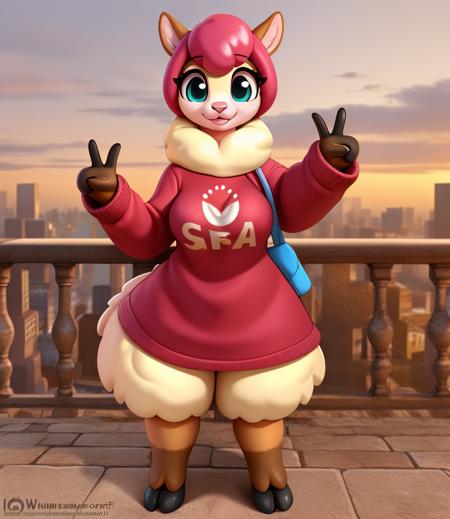 this image is an extremely cute and playful 3d render depicting an anthro alpaca female posing for a photo. she is smiling and looking directly at you. her fur looks extra fluffy today. she is striking a pose and giving you double peace signs/v signs.she is wearing an oversized ribbed sweater. her bosom is substantially pronounced. the style of the image is realistic. the mood of the image is inspiring. the atmosphere of the image is nostalgic. solo, female, mammal, alpaca, full-length portrait, she is wearing a cute white frilly skirt. the background of the image is atop a skyscraper near a guardrail with the city skyline beautifully depicted on a sunny day. by loimu and trout, detailed, detailed background