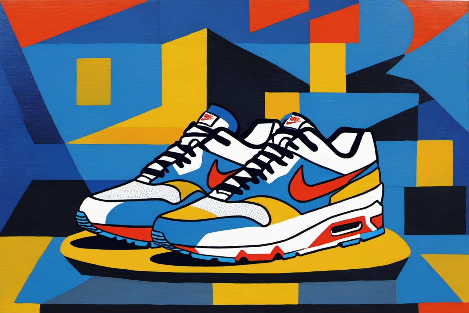 Blue, Yellow, and White Nike Shoe Artwork