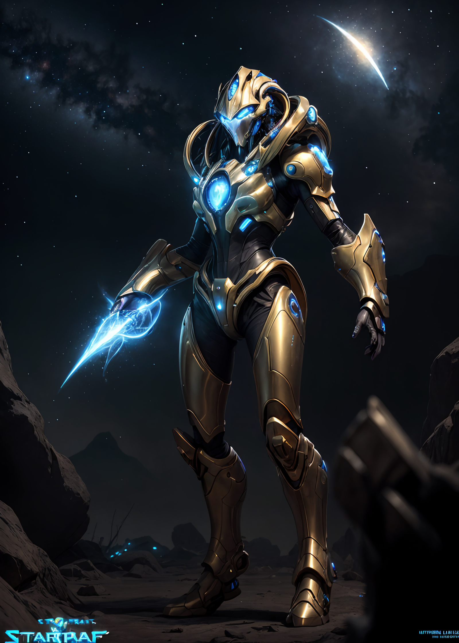 2d artwork, <lora:Protoss:0.7>, a mechanized alien with golden armour, energy blades, blue forcefield, starcraft 2 aesthet...