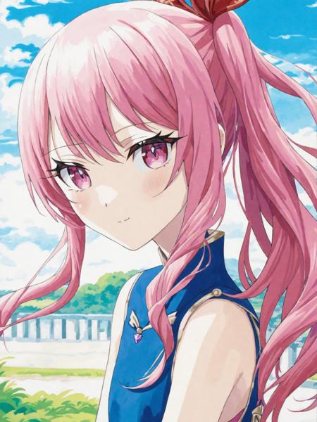 masterpiece, best quality, 1other, (androgynous:0.5), solo, akiyama mizuki, outdoors, blue dress, pink eyes, pink hair