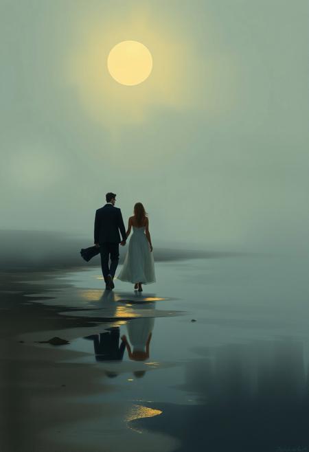 A couple in evening attire walking along a misty, moonlit shoreline, 
soft painterly realism, abstract water reflections, muted natural color palette, conceptual landscape minimalism, atmospheric and contemplative mood, delicate painterly textures, blending traditional countryside with fluid abstraction