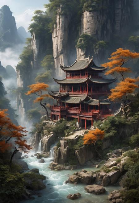Envision a serene and tranquil idyllic retreat nestled within the ethereal beauty of ancient Xianxia-themed mountains, where misty clouds delicately wrap around the peaks, creating an otherworldly atmosphere. The landscape is dotted with ancient architecture, reflecting the elegance and refinement of a cultivation sect's stronghold. Here, mystical energy flows through enchanted forests, where immortal mountains and rivers harmonize with the natural world, fostering an environment perfect for the pursuit of martial immortality. The scene is populated with mystical creatures, adding a touch of wonder and magic to this Chinese ancient Xianxia-themed paradise., Don't be real, oil painting, done with japanese brush technique, realistic, extreme detail, scary, terrifying, dark and warm environment, 8k, looking at viewer, looming, Comic style
<lora:add-detail-xl:1> <lora:xl_more_art-full_v1:0.5>  <lora:looking_at_viewer:2>