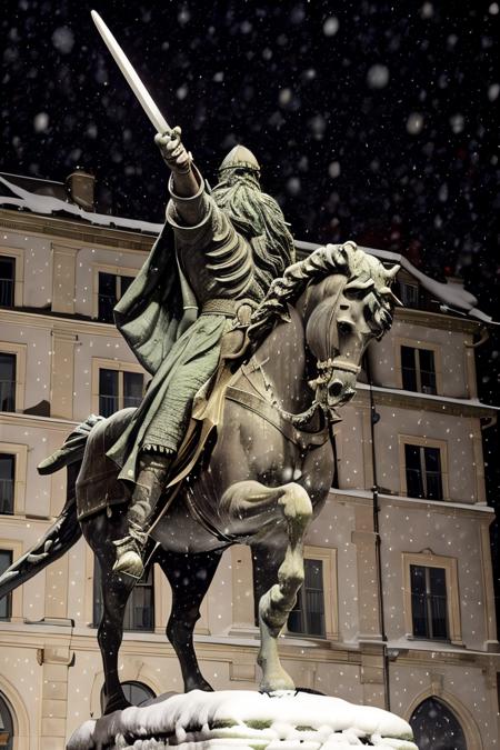 cid statue ,  sword in hand <lora:El cid:0.67>   four paws , snow in the  background ,horse in rampant motion , snowing hard