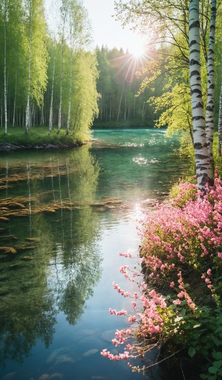 Amazing scenic view of birch forest with blooming pink flowers next to crytal clear water in river on background green trees in the morning rays of the sun, cinematic look, film, (shot on Nikon D850:1.2), <lora:add-detail-xl:1>, <lora:SDXLHighDetail:0.5>