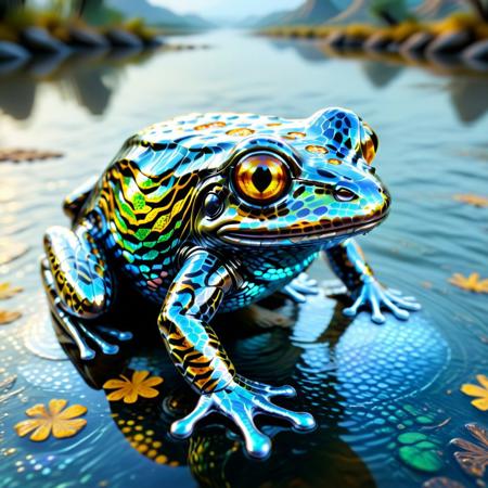lazympos, closeup view, character focus, depth of field,
holographic frog with amber eyes, tiger patterned skin,
river background