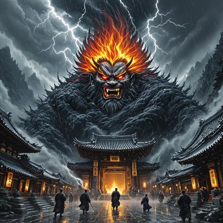 rating_safe, breathtaking detailed, masterpiece, absurdres, awe-inspiring, best quality, vibrant colors, muromachi86, god raijin, over a Muromachi-era temple during a thunderstorm, BREAK, traditional Japanese architecture with ornate curved rooftops, surrounded by wet trees and misty mountains, BREAK, monks and villagers gathered at the temple entrance, looking up in awe and fear, BREAK, above them, a massive demonic face with flaming hair and glowing red eyes emerges from storm clouds, BREAK, jagged lightning bolts strike down from the sky, illuminating the temple roof and surrounding rain-soaked stone, BREAK, the face snarls with sharp fangs and a menacing expression, BREAK, rain pours diagonally across the scene, catching the light in silver streaks, BREAK, the entire composition rendered in a (charcoal and layered oil painting style), emphasizing bold shadows and rich textures, BREAK, fire and lightning woven into the clouds with expressive brushwork, BREAK, background mountains barely visible through the rainfall, enhancing the drama and mysticism, BREAK, the mood is apocalyptic and mythological, as if a forgotten storm god has awakened, BREAK, [light halos] glow subtly around the temple lanterns, contrasting divine calm and supernatural fury<lora:sdxl_muromachi86.safetensors:1.0:1.0> <lora:sdxl_ta86artstyle.safetensors:1.0:1.0>