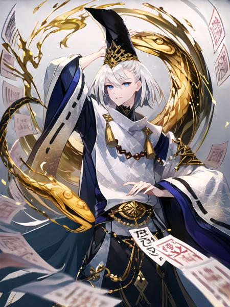 masterpiece,best quality,highres,cinematic lighting,dramatic angle,1boy,<lora:ShadowverseKuonV1-000025:0.8>,white hair,short hair,blue eyes,tate eboshi,blue headwear,white dress,clothing cutout,ribbon,tassel,looking at viewer,evil smile,shaded face,parted lips,wide sleeves,kariginu,straight-on,holding,close-up,depth of field,beads,talisman,black hakama,dynamic angle,magic,ofuda,holding ofuda,casting spell,golden snake,one hand  over head,one arm over head,straight-on,shushing