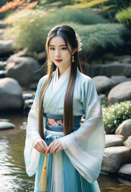 realistic ,RAW photo, half body, light modern Hanfu, long hair, girl stands by the water,stream, Japanese garden