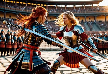 (masterpiece, best quality, ultra detailed:1.2), captivating realistic Cinematic wide-angle: Two women fierce sword fight in grand Roman arena, golden sunset light. Warrior: gorgeous woman in red hair, massive huge great sword, strength focus, detailed leather armor. Swordsman: stunning woman in sun-kissed blonde hair, agility focus, japan sword, detailed samurai armor. fluid movements. Roaring crowd, blurred background. Photorealistic photograph, classic film still:1.2, soft/side/reflected/specular lighting, subtle film grain. Breathtaking 8K, HDR:1.4, beautiful bokeh, ultra-realistic professional image, live humans, (professional photoshoot lighting:1.2), detailed face:1.3, detailed skin:1.3, realistic:1.5.