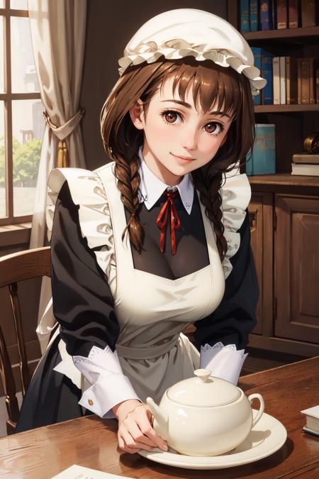 masterpiece, best quality,  <lora:maidane-nvwls-v1-000009:0.9> maidane, twin braids, hat, maid uniform, black dress, long sleeves, apron, mature female, large breasts, looking at viewer, indoors, bookshelf, smile, upper body, leaning forward