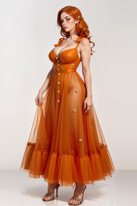 0rang3tull3, dress, cleavage, bare shoulders, orange dress, 