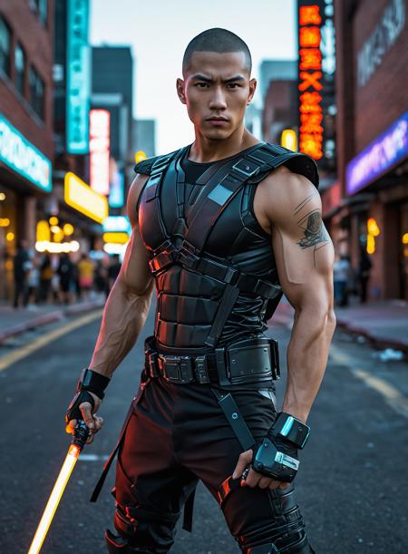 handsome,male,Mexican,(Asian:0.5),buzz cut,27 years old,(muscular:0.7),cyborg,ninja,outdoors,cyberpunk,science fiction,dystopia,android,neon lights,katana,realistic photograph,dynamic pose,