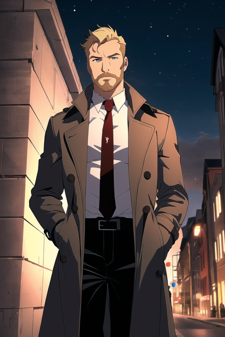 1boy, male focus, solo, blonde hair, necktie, facial hair, red necktie, shirt, trench coat, coat, white shirt, night, outdoors, ((masterpiece))