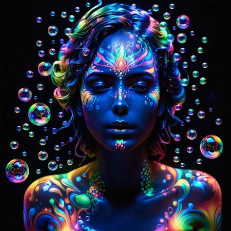 Ultra realistic full body color pencil drawn portrait of   
a beautiful woman completely immersed in  lots of rainbow colored soap bubbles in various sizes,  illuminated by blacklight.
BREAK
Deep dark intense midnight blue  misty background,
Dark theme, dynamic lighting, (soft shadows), (soft focus),  (photo realistic), uhd, 8k
