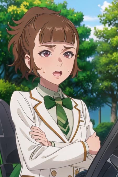 best quality, masterpiece, highres, solo, {saotome_ichina_birdiewinggolfgirlsstory:1.15}, brown_hair, short_hair, ponytail, bangs, open_mouth, brown_eyes, 1girl, bow, bowtie, day, green_bow, green_bowtie, outdoors, sky, sweat, tree, blunt_bangs, upper_body, closed_eyes, green_necktie