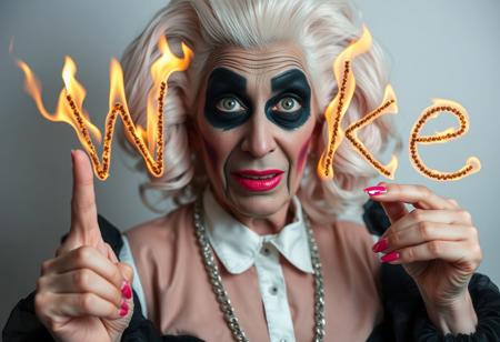 A very old drag queen girl with black makeup and pink nails, looking like she just failed something, shaking her head, drawing the letters "Woke" using flamess, in the air, with a finger, photo by helmut newton