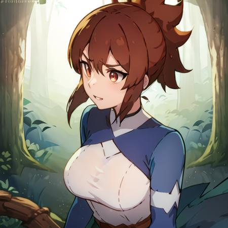 a woman, forest, blue sleeves and white outfit.very short ponytail, brown belt is, standing <lora:marc1:1>, perfect resolution, illustration, dota dragon's blood style,  <lora:assSupport_v32:1>