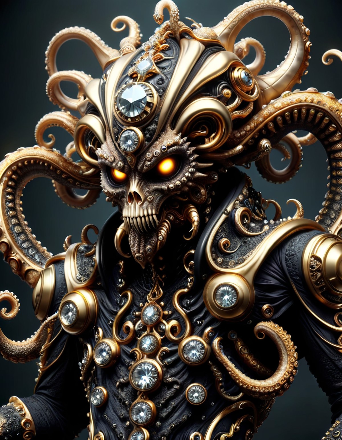 trending on artstation, closeup shot, looking at viewer, war monster (tentacle arms:1.5) black gold and diamond octupus wi...