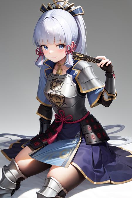 masterpiece, highres, best quality, 1girl solo, kamisato_ayaka, smile, sitting  <lora:kamisato_ayaka:1.0>
arm guards, armored dress, black breastplate, japanese armor, (hand fan : 1.6), fingerless gloves