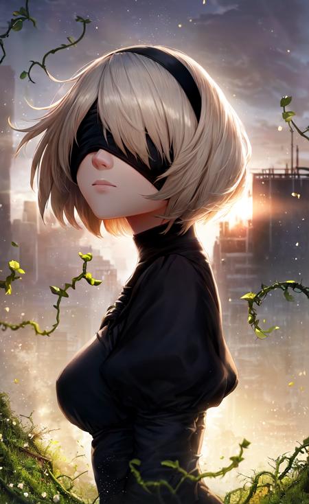 masterpiece, best quality, (yorha no. 2 type b:1.1), covered eyes, (backlighting:1.3), portrait, (upper body:1.1), medium breasts, expressionless, 1girl, solo, (ruffling hair, messy hair:1.1), shiny hair, eyepatch, mature female, head tilt, absurdres, hairband, bright, light particles, light rays, sunbeam, floating hair, black dress, grass, vines, flower, (city, ruins, building, dystopia:1.1), high contrast, (depth of field, blurry:1.1) background, (light particles:1.2), debris, dust cloud, from side, looking at viewer, night, dark, looking up,