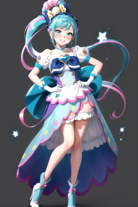 best quality, best aesthetic, masterpiece, intricate details, BREAK 1girl, solo, cure spicy, magical girl, solo, smile, blush, upper teeth, looking at viewer, gloves, standing, hands on hips, open stance, dynamic pose, light particles, short sleeves, blue bow, brooch, bow, earrings, dress, high heels, colorful background, BREAK, <lora:CURE_SPICY-09:0.65>