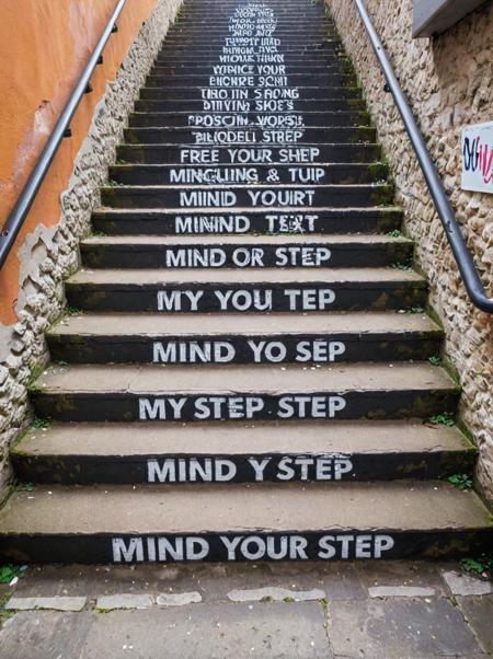 stair-art, stairs,  (Text: mind your step:1.3), <lora:stairart2:0.7>