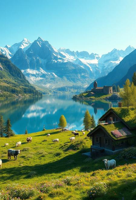 Ultra realism, high quality, high resolution 8K and above, stable and accurate focus, ultra correct anatomy, super detail. A beautiful mountain scene with tall snow-capped peaks reflected in a crystal clear lake. In the foreground are green meadows dotted with wild flowers of various colors. Included in the landscape are houses built of stone and wood, architecturally designed to blend in with nature. The roofs of the houses are covered with thick grass and colorful flowers. Cows roam the meadow, and a flock of sheep, led by shepherd dogs, graze around. The trees around the houses are tall and green, with leaves that cast shadows on the houses.((The ruins of an ancient fortress can be seen in the distance, giving the scene historical depth)). The sunlight illuminates the landscape, creating a warm and welcoming atmosphere.