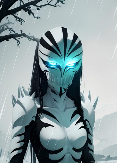 ((hollowfication)), monster girl, black hair, long hair, medium breasts, armor, spikes, glowing, smoke, ((rain night)), upper body, <lora:hollowfication-08:1> <lora:noline:1>