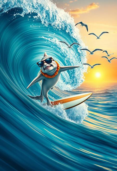 A bright white shark, wearing oversized mirrored sunglasses and a tropical flower necklace, balances expertly on a surfboard, cutting through the crest of an enormous wave. The water is a swirling mix of blues and greens, foamy spray frozen in time as it arcs around the sharks outstretched fins. A small crowd of bewildered seagulls watches mid-flight, their heads tilted in disbelief. The horizon stretches endlessly in the background, where the setting sun casts a golden glow across the oceanas surface.<lora:XRSTYLE_FLUX:0.5><lora:black_fantasy_1.0:0.5><lora:FluxDFaeTasticDetails:0.7>