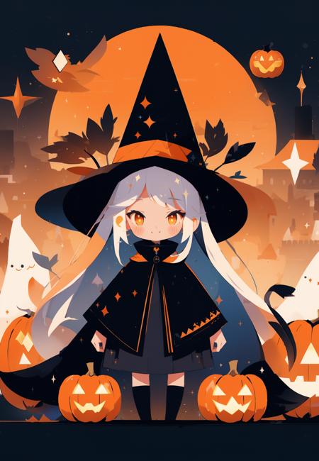 wsjbpch, 1girl, ghost, hat, witch hat, long hair, jack-o'-lantern, smile, black headwear, sparkle, witch, standing, closed mouth, pumpkin, dress, swept bangs, bangs, black dress, long sleeves, high collar, brown eyes, white hair, holding, moon, night, straight-on, sky, very long hair, orange eyes, cloak, black cloak<lora:MW_ä¸å£èæå¹³æç»v11:0.8>