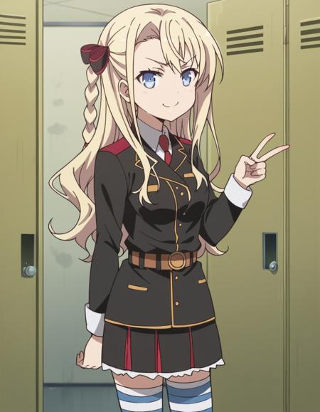 wilhelmina braunschweig ingenohl friedeburg, long hair, blue eyes, blonde hair, braid, hair braid, single braid, ribbon, hair ribbon, skirt, thighhighs, striped, belt, uniform, zettai ryouiki, military, military uniform, striped thighhighs,