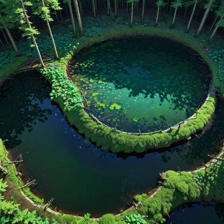 (stylized by Tsubasa Nakai:0.8) , anime key visual, Gamerpunk, intricate background, medium wide shot of a Dusty Foul Forest Green and Tan ("The Wellspring of Power":1.3) , Fresh lake and fauna, at Twilight, Panorama, Illustration, Peaceful, dramatic lighting, Circular polarizer, four colors, Psychedelic paint splotches, Plain white background, wallpaper, HDR