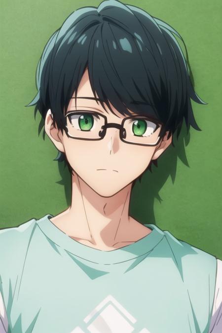 masterpiece, best quality, illustration, 1boy, solo, male focus, looking at viewer, upper body, , <lora:tasuku_kuresawa:0.74>, tasuku_kuresawa, black hair, glasses, green eyes, ,