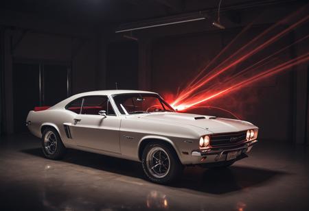 Long exposure photo of Car theme <lora:ADM C-Car :1>,A.D.M. Cooper,car,classic cars,muscle cars,photography,cinematic,a white sports car is shown in a dark room with a red light on the hood and the hood up,makeup . ,(car, ground vehicle, motor vehicle, vehicle focus:1.1),Amédée Ozenfant, . Blurred motion, streaks of light, surreal, dreamy, ghosting effect, highly detailed