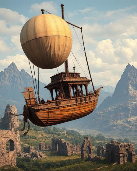 a hyperrealistic image with extreme details of a wooden airship with a balloon, in a steampunk world.  The wooden airship is flying over ancient ruins.  In the background there is a jagged mountain with a steampunk city on the side displaying an airship dock.  The airship is captained by a beautiful steampunk woman.