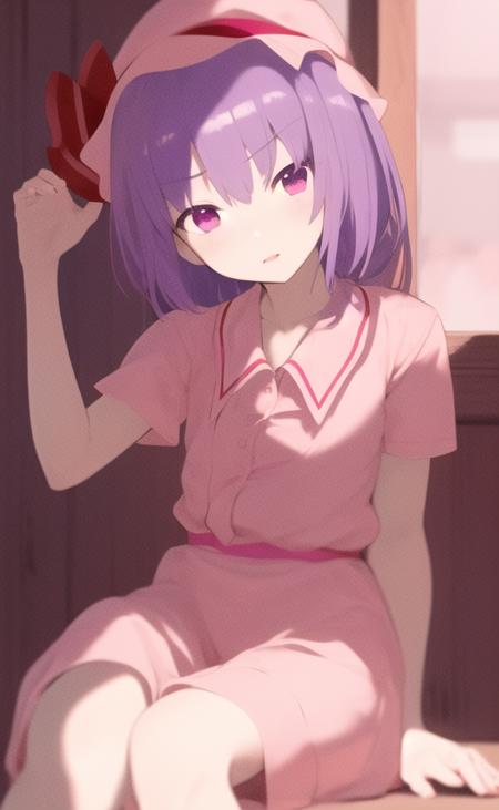 1girl, solo, remilia scarlet, hsk, purple hair, pink hat, pink shirt, pink skirt, <lora:hsk03:1>