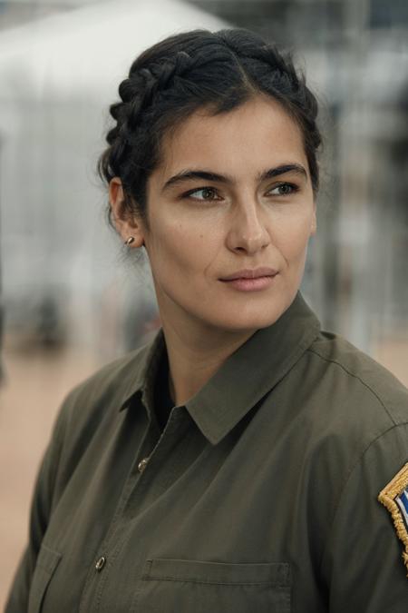 a female soldier in an army uniform at the military base, hair updo, detailed face, soft lighting, (high detailed skin:1.1)
<lora:alanna_masterson_lora_v01:1> alimas