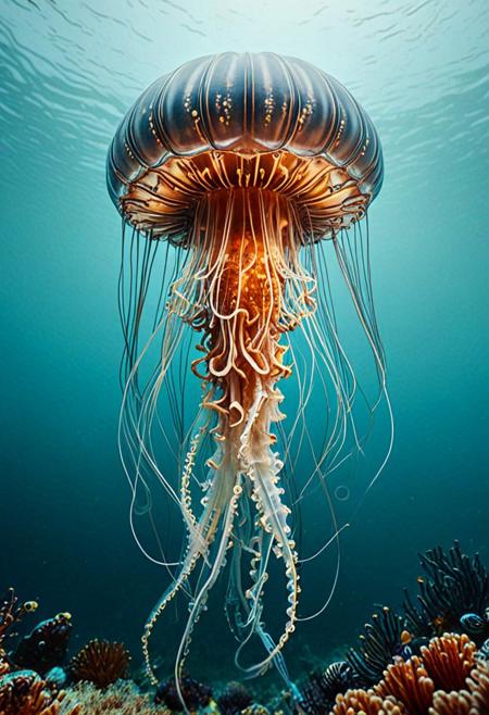 8k, Tilt shift photography style, qu4ntum, Beautiful underwater, mechanical Jellyfish, LCD panel, Spreading their tentacles, ( Unmanned:1.2), ( thick fog:1.4),