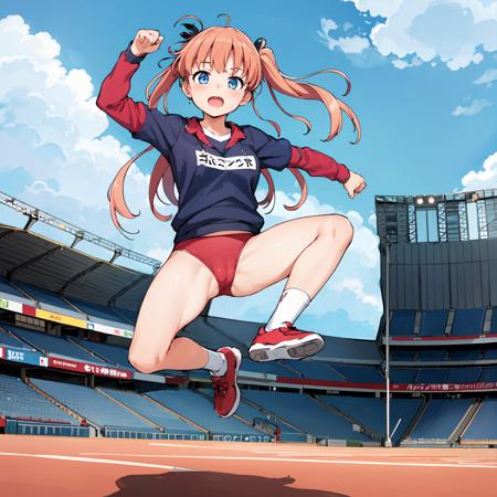 <lora:vjump-000006:0.7>:vjump,jumping, cloud sky,stadium
1girl,gym uniform,