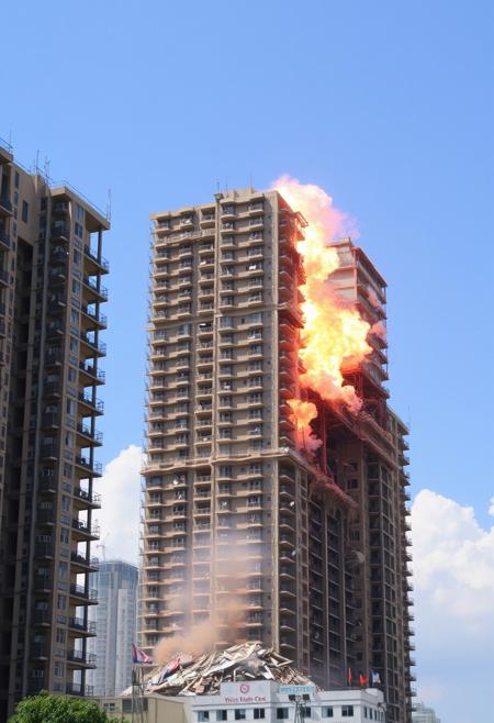 High-rise buildings are demolished with dynamite