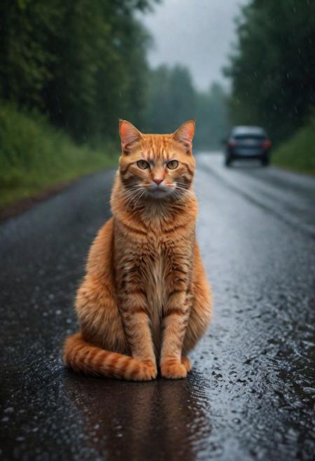 close-up, The lonely orange cat is sitting on the country road, back, (car leaving in the distance:1.1), car, rain, (thunderstorm:0.8),
(in Nicola Samori style:1.2),  (oil painting:0.1), dark theme, (best quality, 8K, high resolution, extreme detail, outstanding composition:1.4),