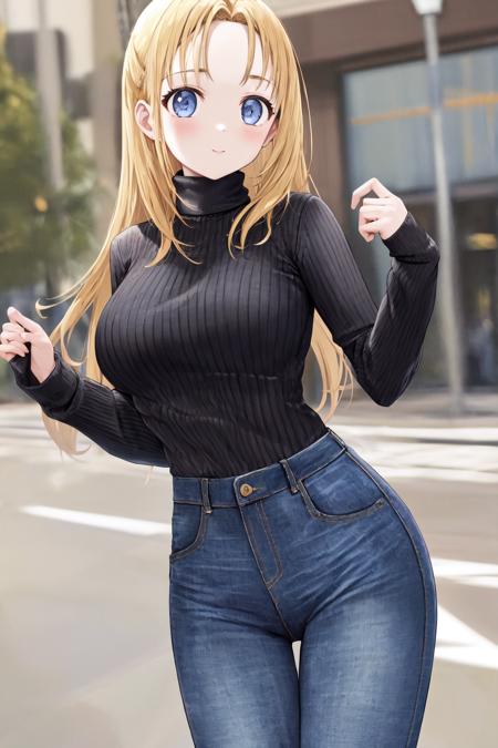 masterpiece, best quality, highres, 1girl <lora:gekai_elise_no_outfit:1> turtleneck sweater, denim, pants