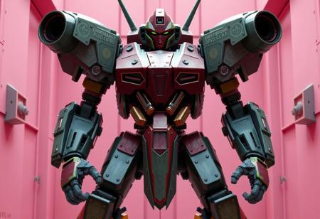 Create a cinematic, symmetrical, and anatomically correct digital illustration of a Chronomaly Technology robot on a Curse of Fiend, Zaku, with a gradient maroon bullpup design, set in a post-apocalyptic science fantasy world with steampunk elements. The robot should be posed in front of pink walls, with a mix of green and metallic colors in its armor. The artwork should be created in a style similar to those trending on ArtStation and DeviantArt, using Unreal Engine 5 and Octane Render.